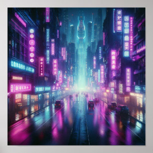 Póster Luces nocturnas de ciudad neón vibrante de vuelta 