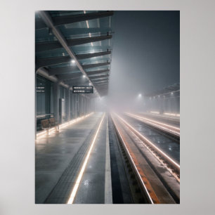 Póster Luces nocturnas de la estación de tren brumosa