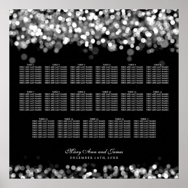 Póster Luces plateadas de la tabla de asientos del boda (Frente)