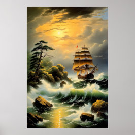 Póster Lucha de los barcos a través de los mares ondulado