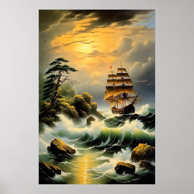 Póster Lucha de los barcos a través de los mares ondulado (Frente)