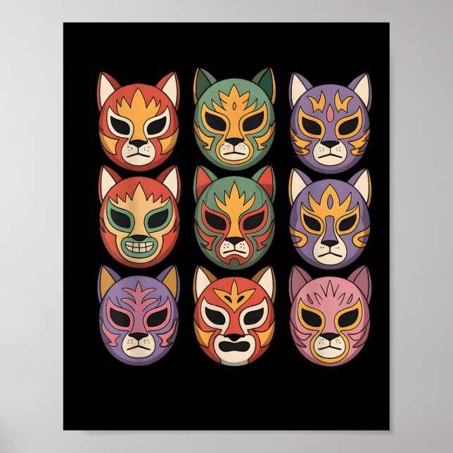 Póster Lucha Libre Cat Mask Funny Luchador Mask Gato  (Frente)