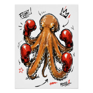 Póster Lucha Ronda 1 Pulpo de Boxeo – Dibujo a Mano Alzad
