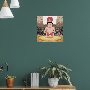 Póster Luchador de sumo en la dohy bandera japonesa