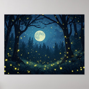Póster Luciérnagas Brillantes en el Bosque a la Luz de la