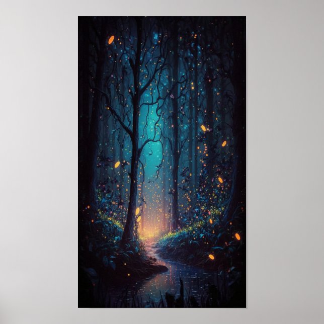 Póster Luciérnagas mágicas en el bosque (Frente)