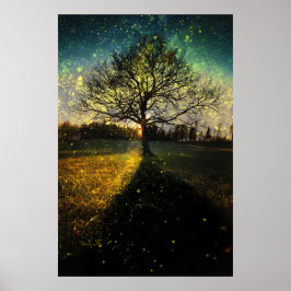 Póster Luciérnagas mágicas paisaje soñador