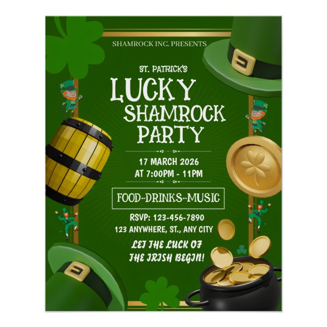 Póster Lucky Shamrock Party St. Paddy's Day Customizable (Anverso)