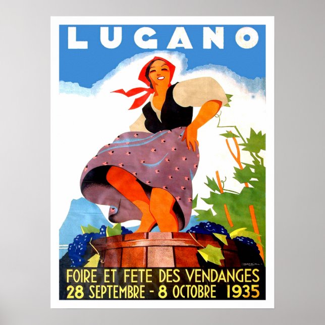 Póster Lugano, Italia, chica está haciendo vino, cosecha (Frente)
