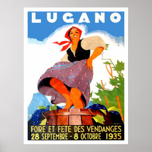 Póster Lugano, Italia, niña está haciendo vino, vendimia