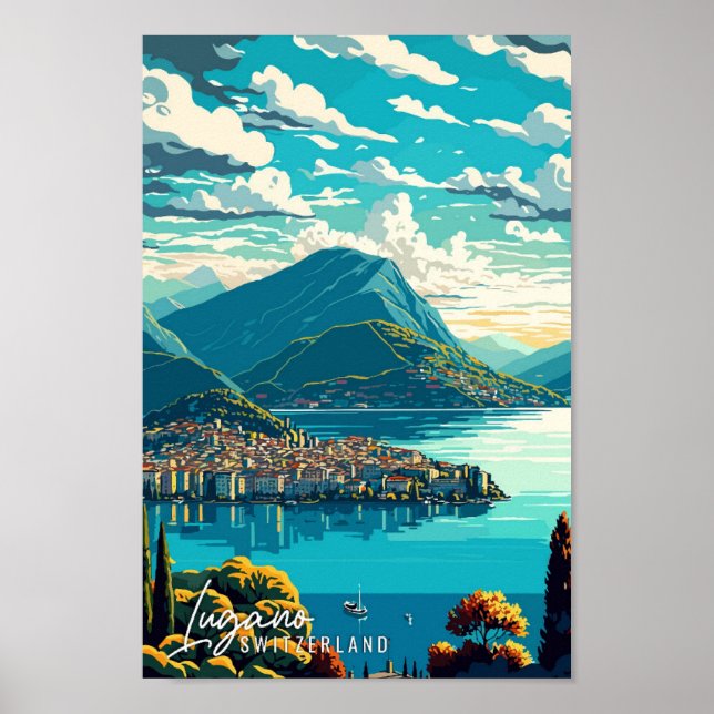 Póster Lugano Suiza ilustracion de viajes artísticos vint (Frente)