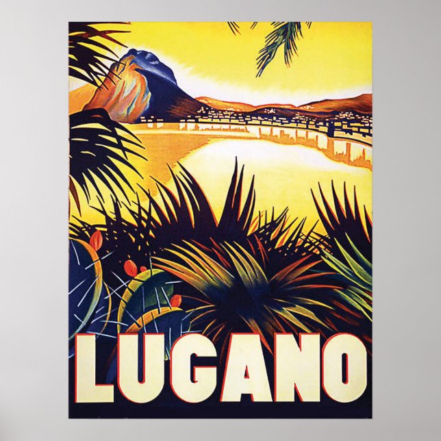 Póster Lugano, Suiza, vistas a la costa, vintage (Frente)