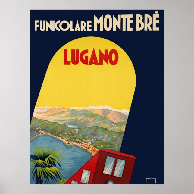 Póster Lugano, Suiza, vistas al paisaje bajo arco (Frente)