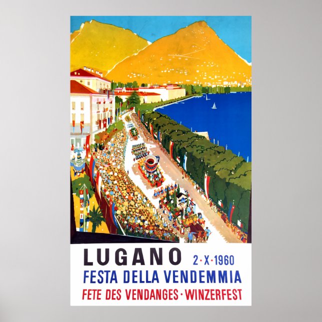 Póster Lugano, vista aérea. Gente multitud en festival de (Frente)