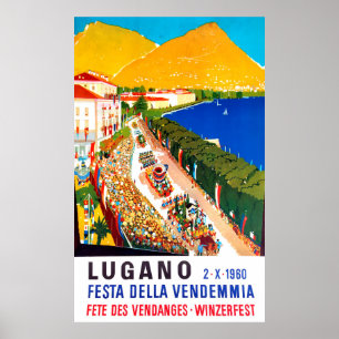 Póster Lugano, vista aérea. La gente se congrega en el fe