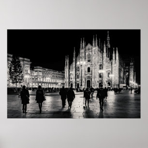 Póster Lugar nocturno del Duomo blanco y negro, Milán