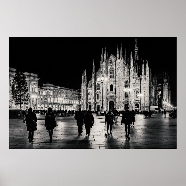 Póster Lugar nocturno del Duomo blanco y negro, Milán (Frente)