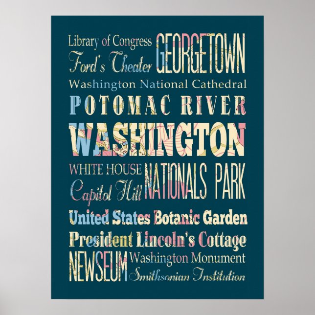 Póster Lugares famosos de Washington, Distrito de Colombi (Frente)