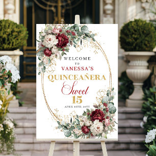 Póster Lujo Burgundy Floral Oro Boho Quinceañera Bienveni