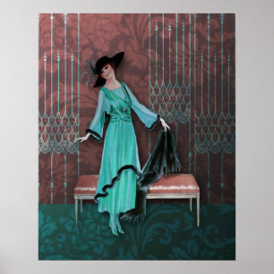 Póster Lujo de 1913: moda vintage en Aqua y Rosa