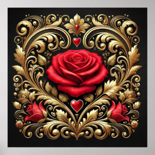 Póster Lujosa pintura de rosa rojo y corazón dorado