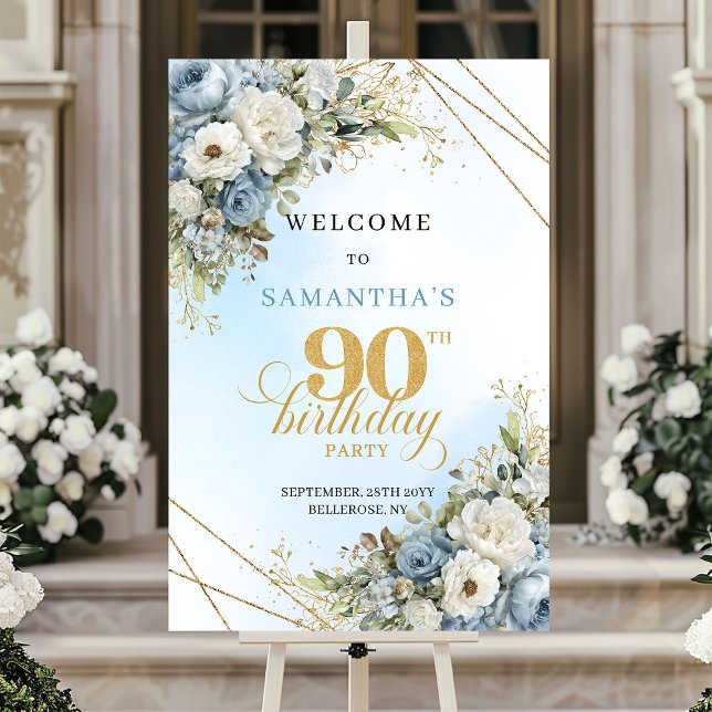Póster Lujosas flores azules polvorientas eucalipto dorad (Luxe dusty blue florals eucalyptus gold 90th birthday

)