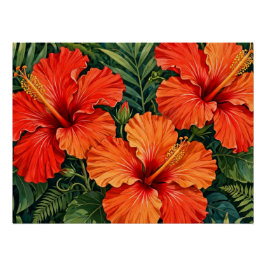 Póster Lujosas flores tropicales de hibisco naranja selva