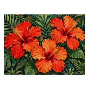Póster Lujosas flores tropicales de hibisco naranja selva