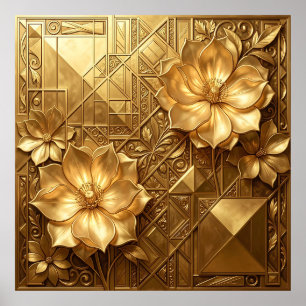 Póster Lujoso patrón floral Art Déco dorado con relieve