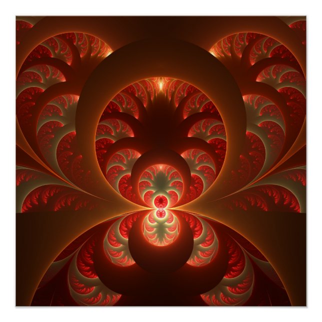 Póster Luminoso abstracto moderno naranja rojo Fractal (Anverso)