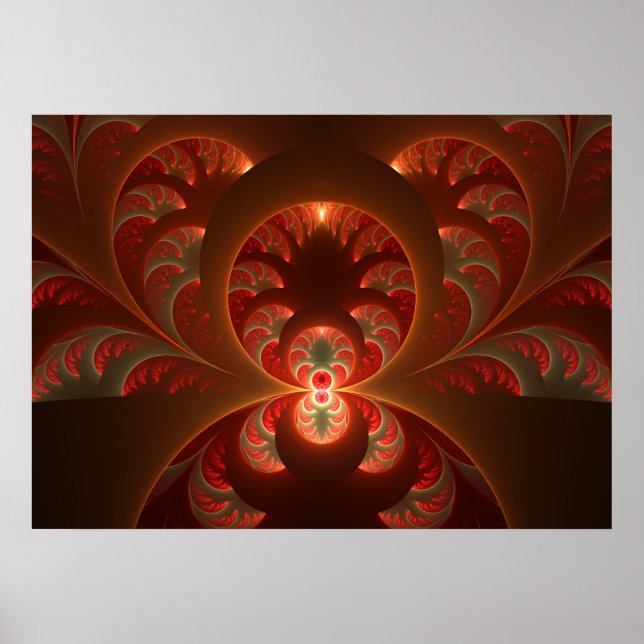 Póster Luminoso abstracto moderno naranja rojo Fractal (Frente)