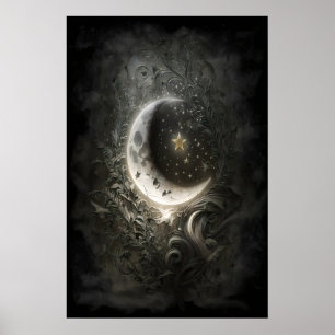 Póster Luna Celeste Estrellas Floral Vintage Tarot Pared