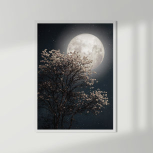 Póster Luna completa con árbol floreciente