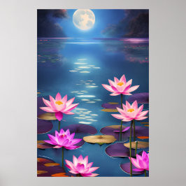 Póster Luna completa y bonitas flores rosadas de Lotus