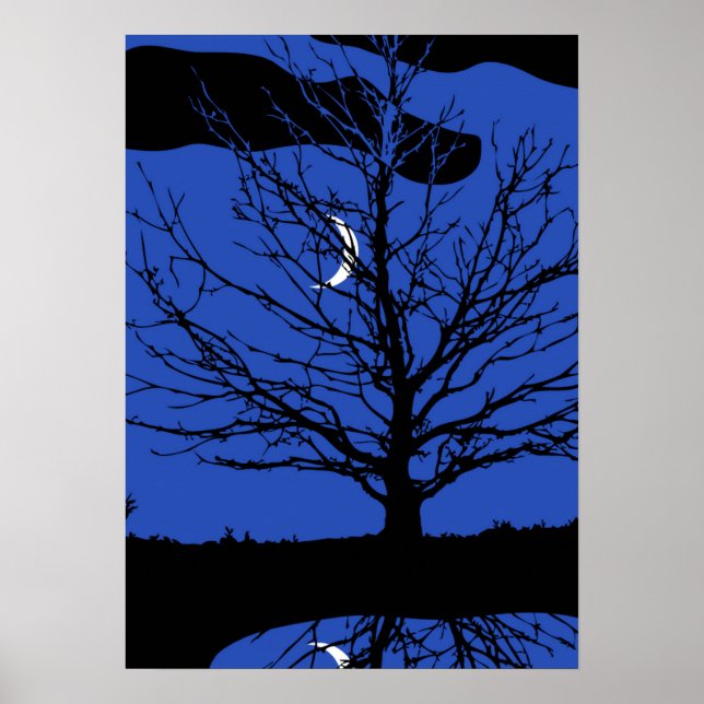Póster Luna con árbol, azul cobalto, negro y blanco (Frente)