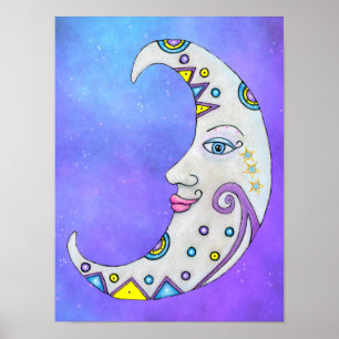 Póster Luna Creciente Con Cara Adornos Bonitos Púrpura