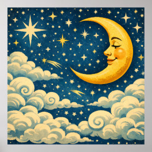 Póster Luna Creciente Vintage en Cielo Nocturno