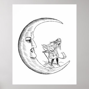 Póster Luna creciente y Alice jugando croquet con flamenc