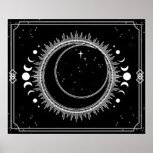 Luna creciente y sol con estrellas blanco y negro