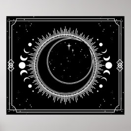 Póster Luna creciente y sol con estrellas blanco y negro