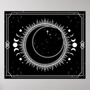 Póster Luna creciente y sol con estrellas blanco y negro