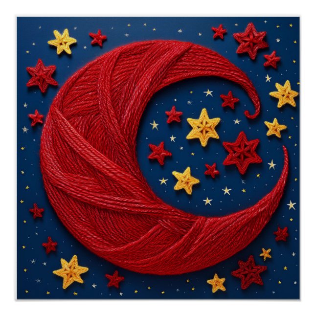 Póster Luna Crescent De Yarn Rojo Con Estrellas De Yarn P (Anverso)