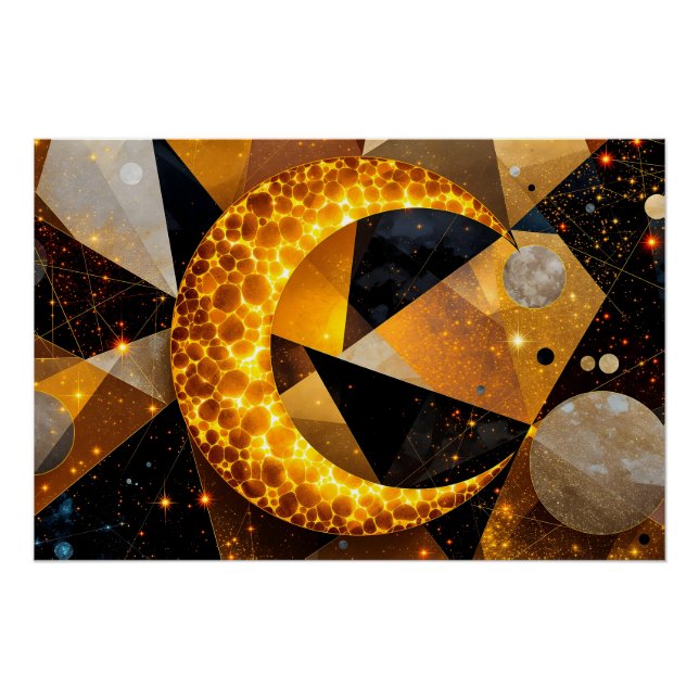 Póster Luna Crescent dorada con estrellas geométricas cós (Anverso)