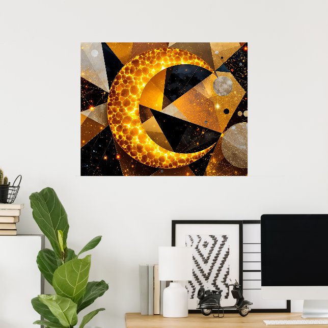 Póster Luna Crescent dorada con estrellas geométricas cós (Oficina en casa)
