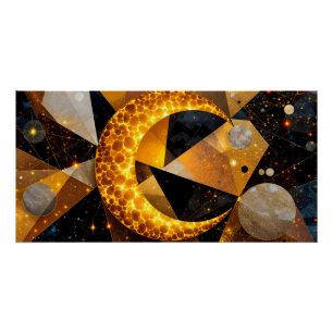 Póster Luna Crescent dorada con estrellas geométricas cós
