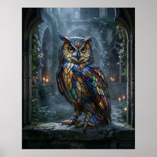 Póster Luna de Búho de Vidrio Emplomado