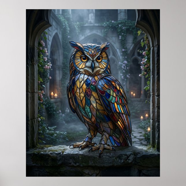 Póster Luna de Búho de Vidrio Emplomado (Frente)