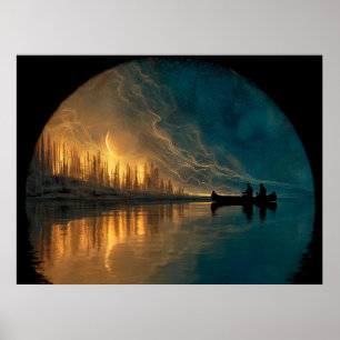 Póster Luna de canoa y de media luna en un lago