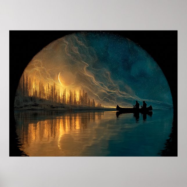 Póster Luna de canoa y de media luna en un lago (Frente)