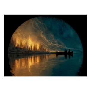 Póster Luna de canoa y de media luna en un lago